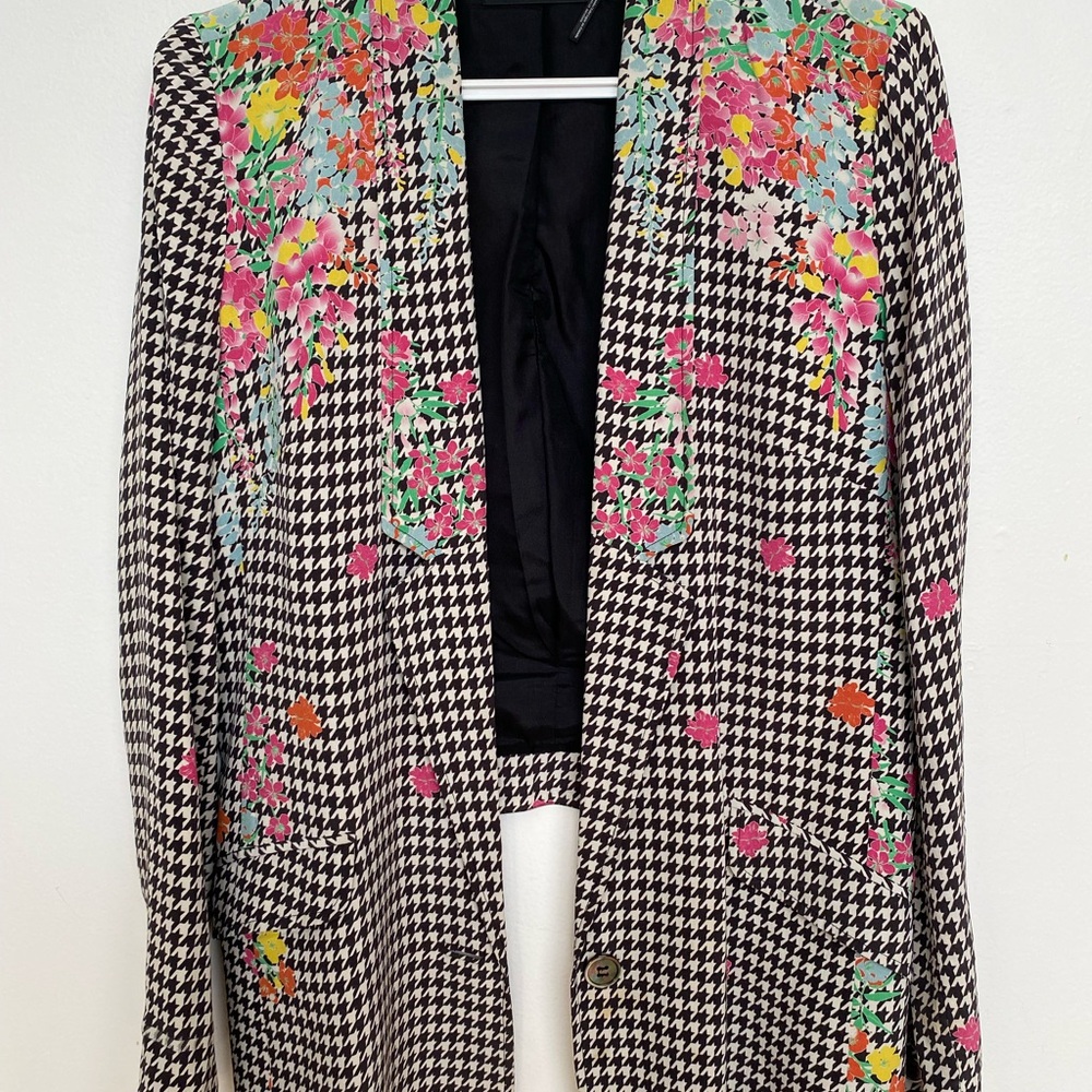 L.A.M.B. Black and White Houndstooth Blazer with Floral Accents